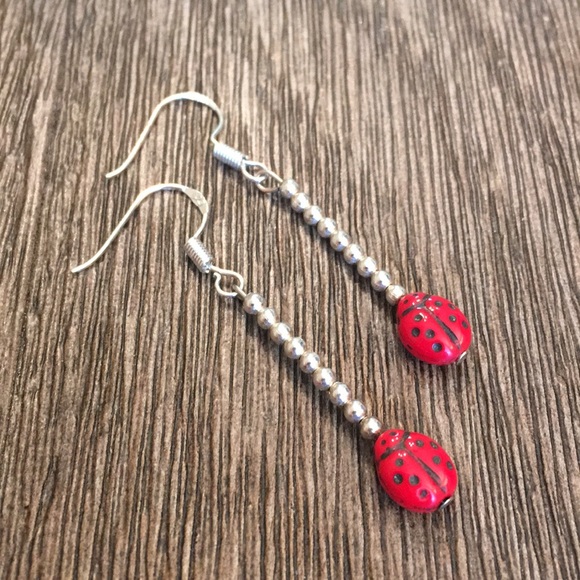 Sterling Silver Bead Earrings with Ladybug - Picture 2 of 14